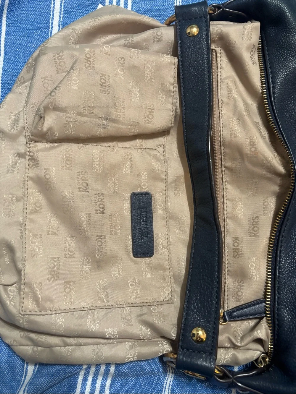 Michael Kors Dark Navy Pebbled Leather Hobo with Gold MK Emblem